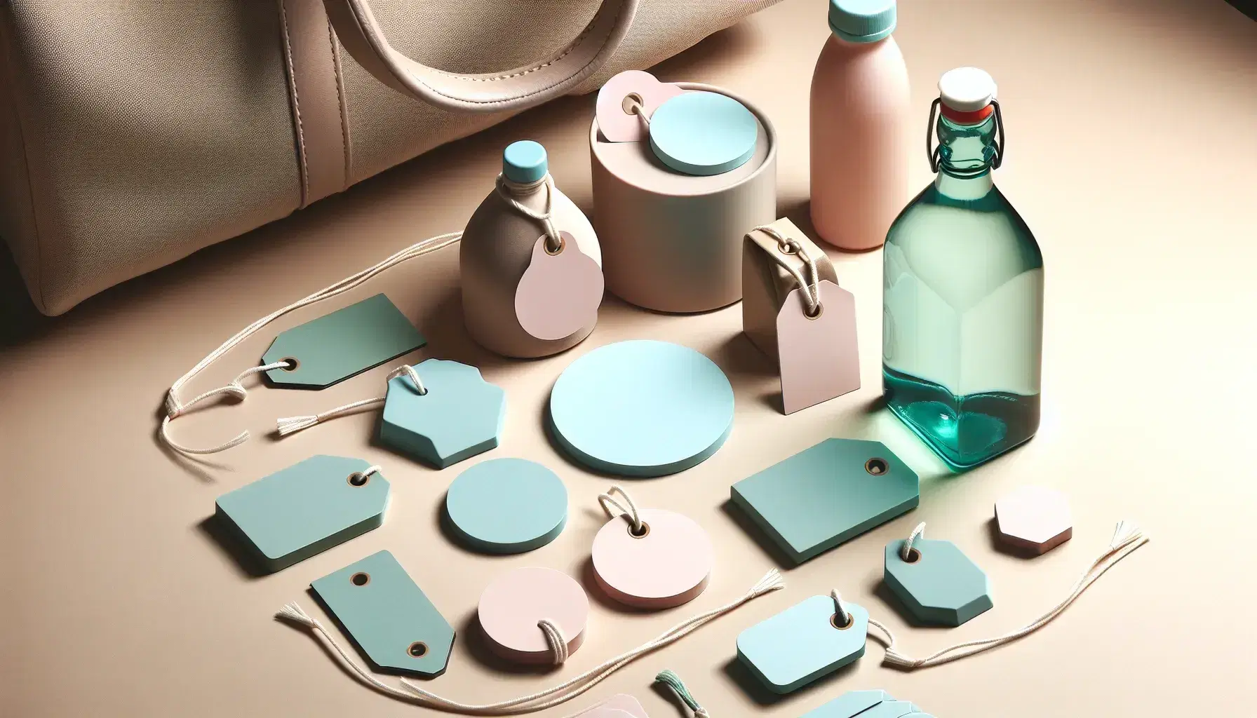 Assorted blank price tags in pastel colors attached to a kitchen pot, glass bottle, leather handbag, and potted plant, against an off-white background.