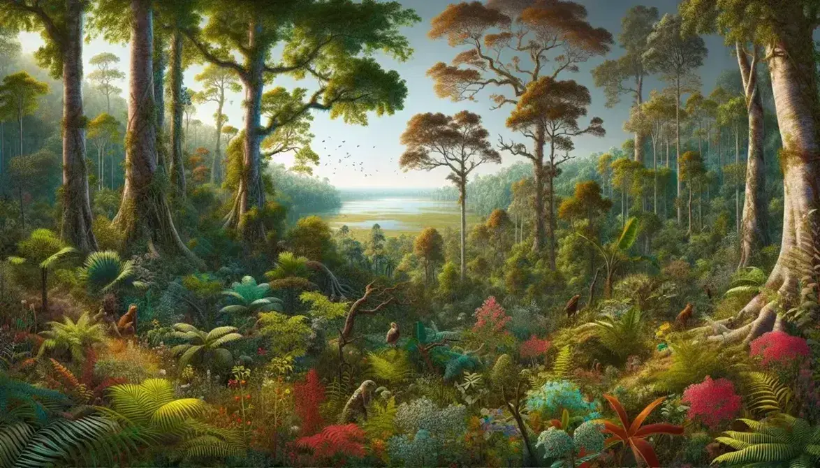 Bosque denso con variedad de plantas verdes, flores coloridas, árboles con troncos gruesos y aves, junto a un cuerpo de agua tranquilo bajo un cielo despejado.