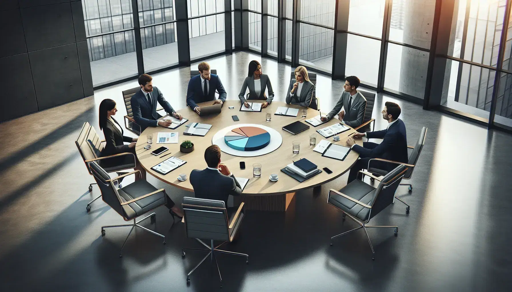 Diverse team in a meeting at a wooden oval table with a laptop showing a pie chart, papers, book, and water glass in a sunlit office with city views.
