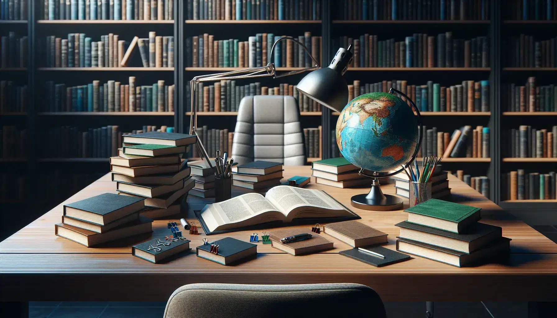 Biblioteca académica iluminada con estantes de madera oscura llenos de libros, mesa de estudio con libros abiertos y globo terráqueo, junto a silla de oficina gris.