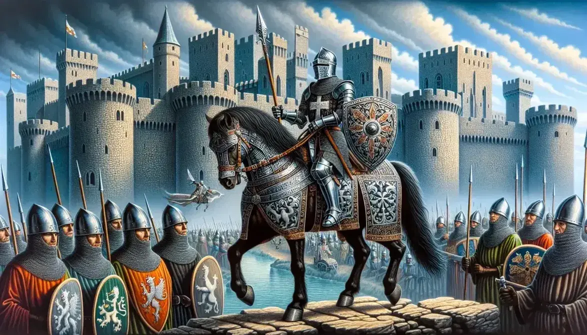Cavaliere normanno in armatura su cavallo scuro con lancia e scudo, soldati e mura cittadine medievali sullo sfondo.