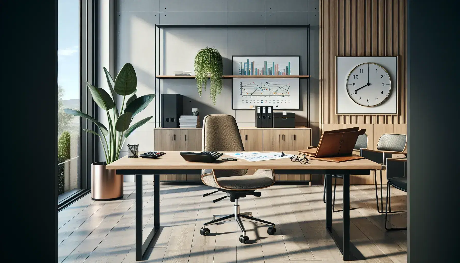Oficina moderna y luminosa con mesa de madera, silla ergonómica gris, sillas de visitante negras, planta interior y reloj de pared, sin inscripciones visibles.