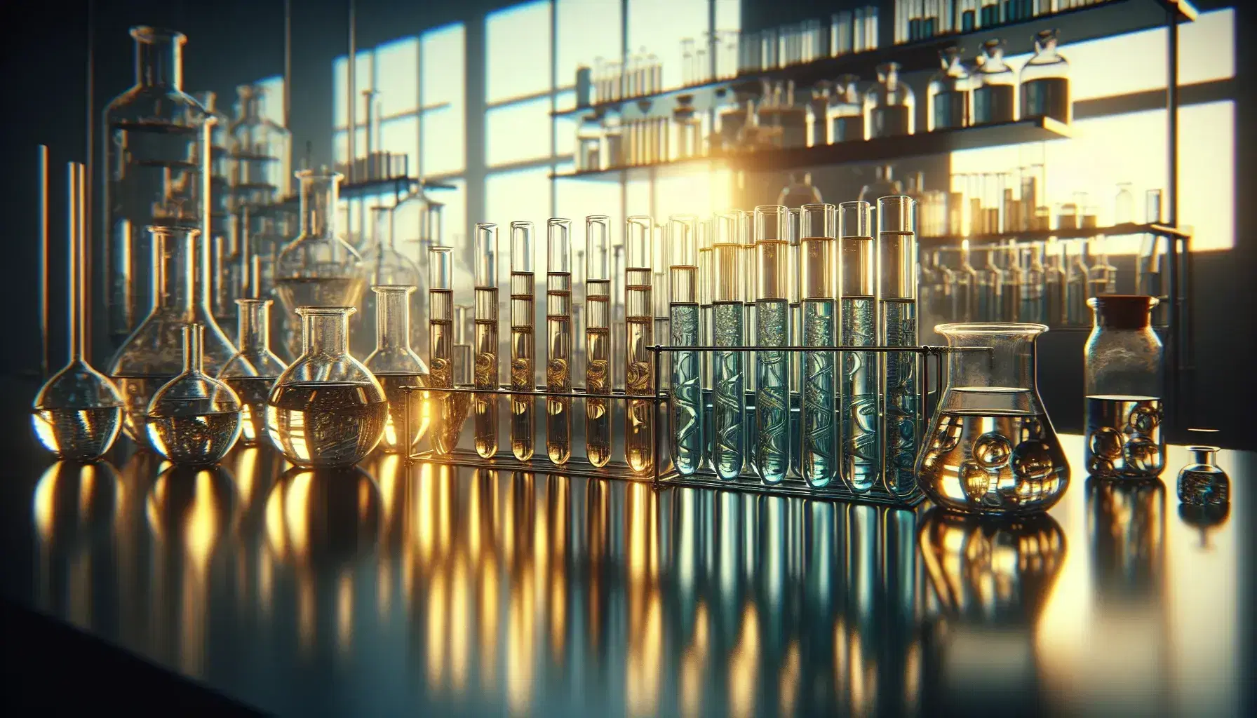 Serie di provette in vetro trasparente con liquidi colorati su banco di laboratorio, cilindri graduati e bottiglie sullo sfondo.