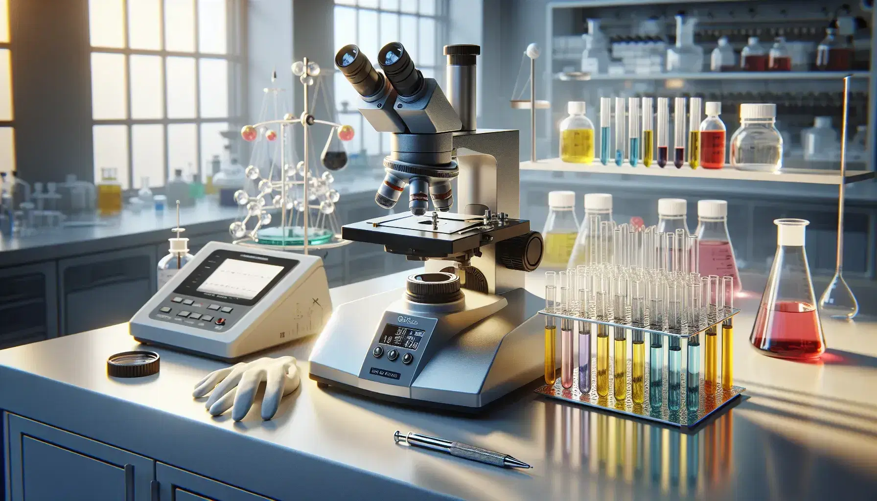 Laboratorio scientifico con microscopio elettronico, bilancia analitica digitale, provette colorate e guanto in lattice su banco lavoro.