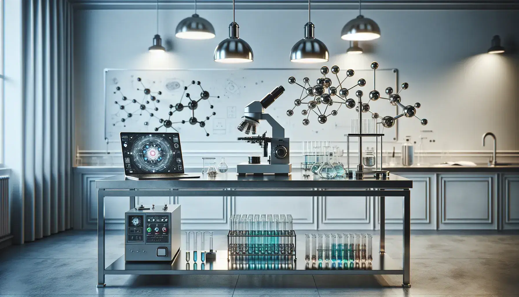 Laboratorio scientifico moderno con tavolo da lavoro, microscopio elettronico, provette colorate, laptop aperto e modello 3D di un atomo.