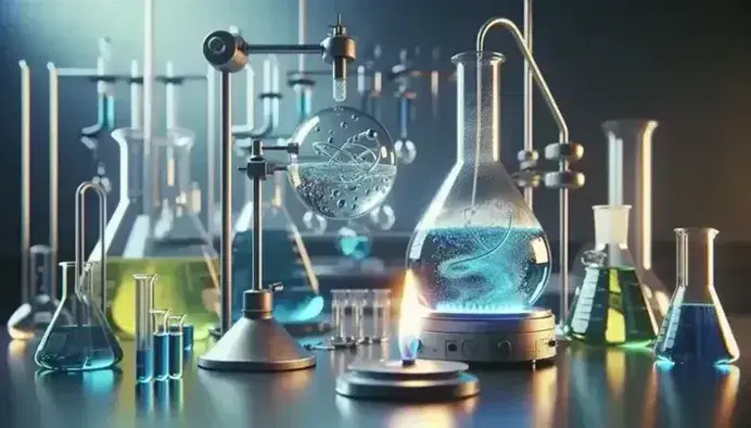 Laboratory with beaker and blue liquid on magnetic stirrer, Bunsen flame heats flask with green solution and condenser, colored test tubes in background.