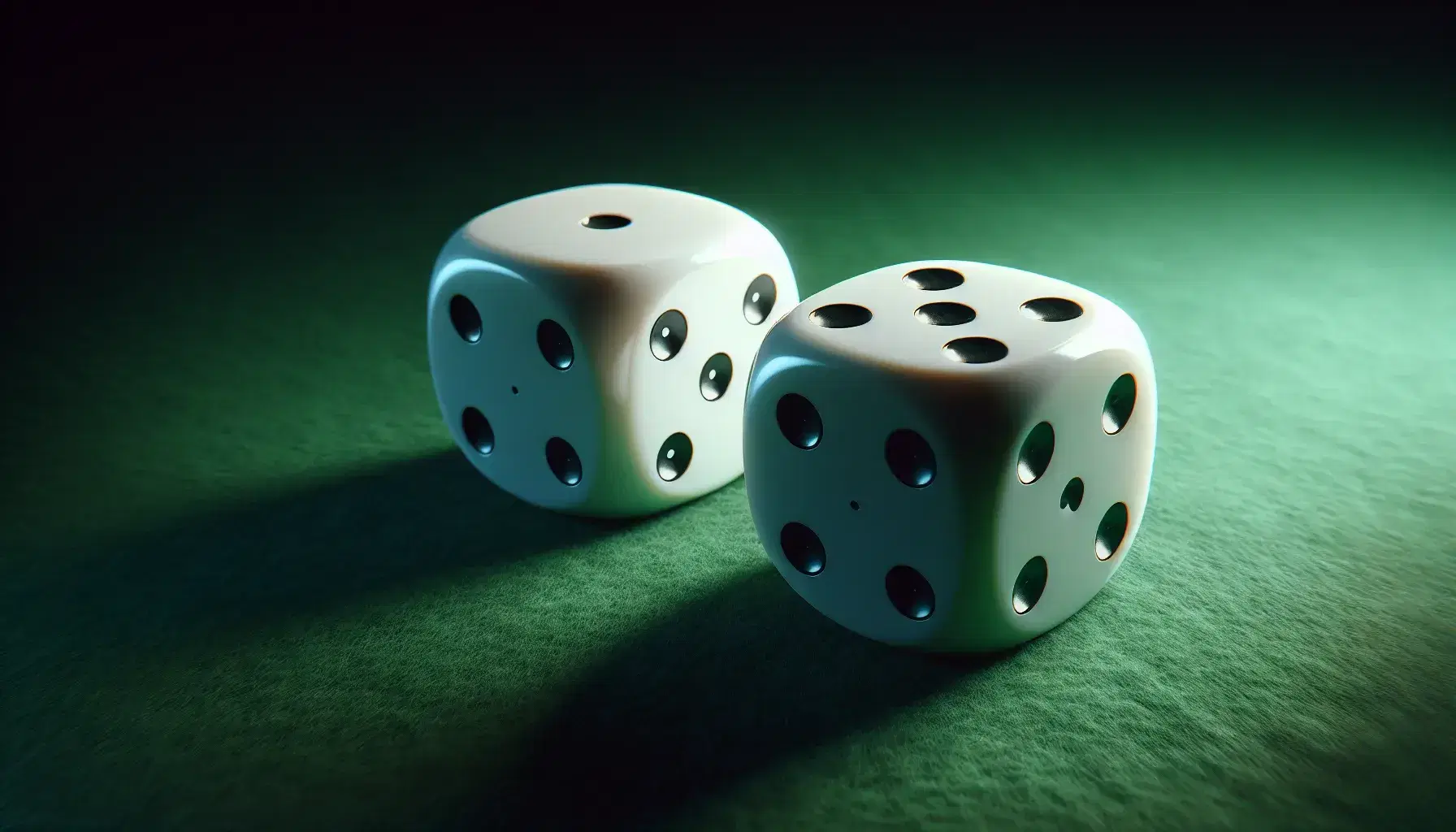 White dice with rounded corners and black dots on green felt game board, one shows five and the other two.