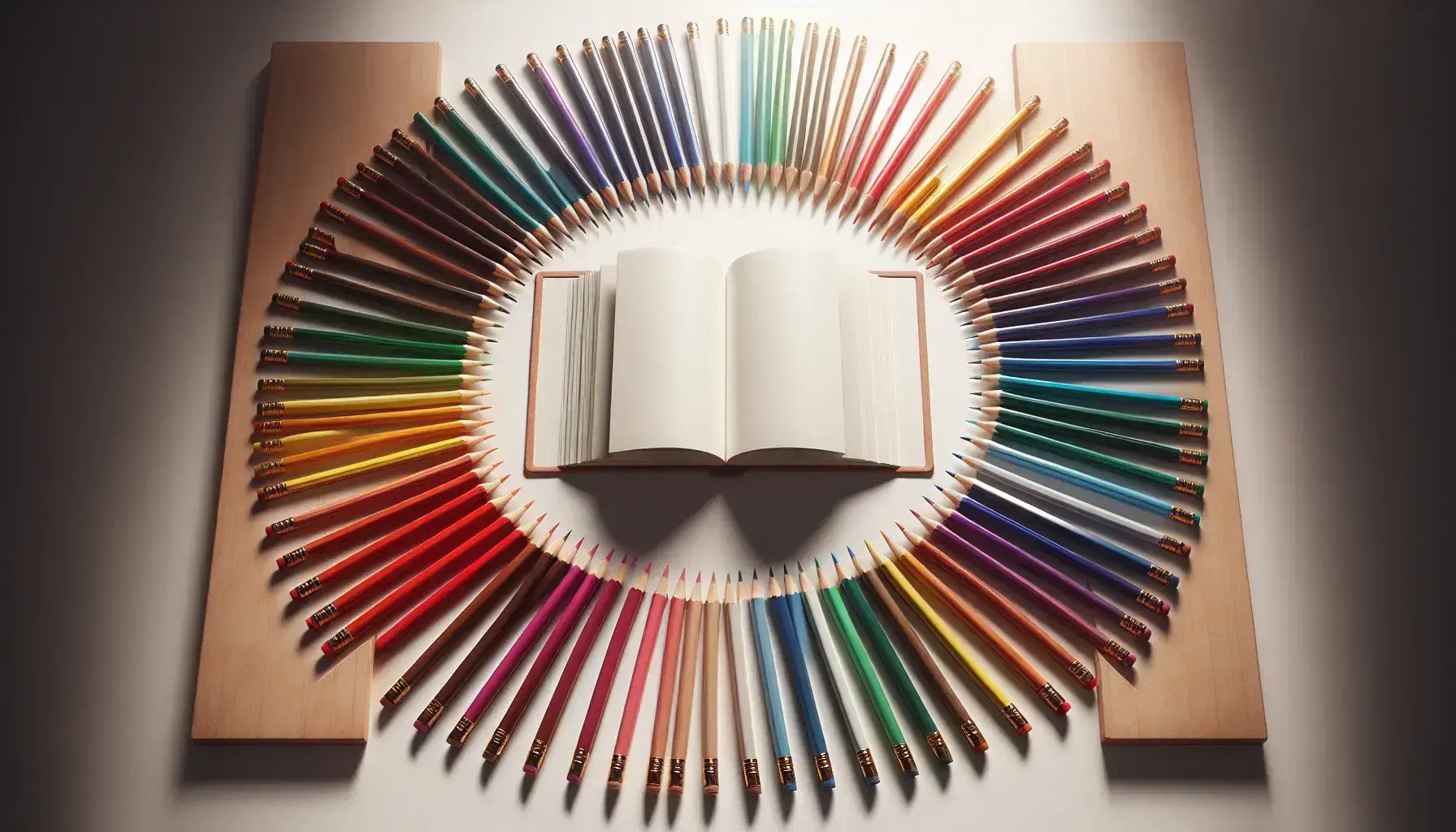 Matite colorate disposte a cerchio intorno a un libro aperto su sfondo bianco, con punte affilate che convergono verso le pagine bianche.