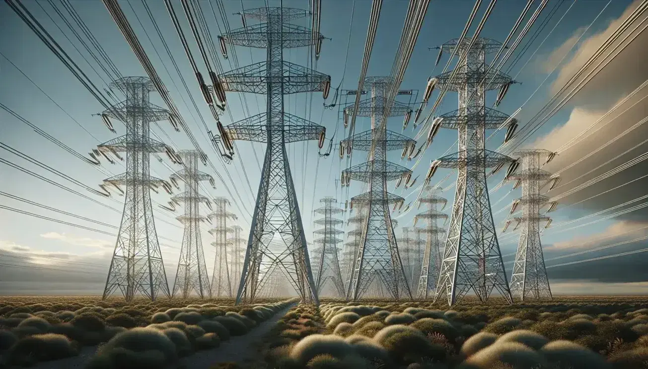 Torres de transmisión metálicas en línea hacia el horizonte en paisaje abierto con cielo azul y nubes, sin presencia de personas o animales.