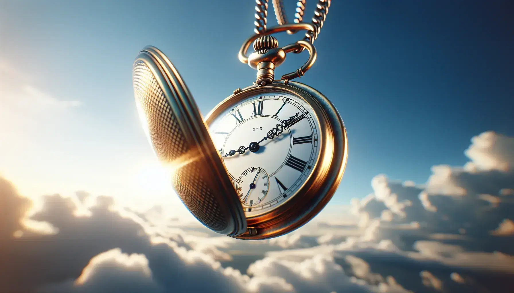 Reloj de bolsillo antiguo con cadena metálica flotando en el cielo azul con nubes, mostrando las 3:10 en su esfera blanca con números romanos.
