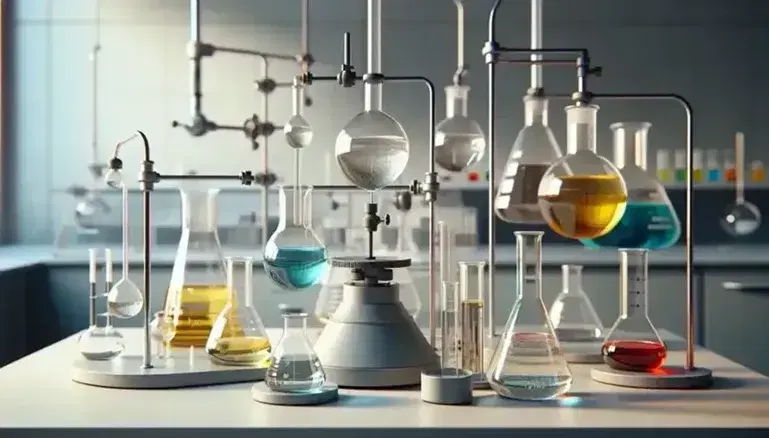 Laboratorio de química con mesa y erlenmeyers con líquidos de colores, matraz de fondo redondo, embudo de separación y mechero Bunsen apagado.