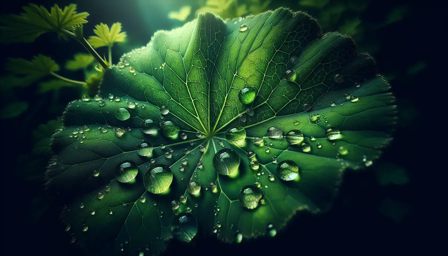 Crystal clear water drops on bright green leaf with visible veins and green blurred background, soft lighting from upper left corner.