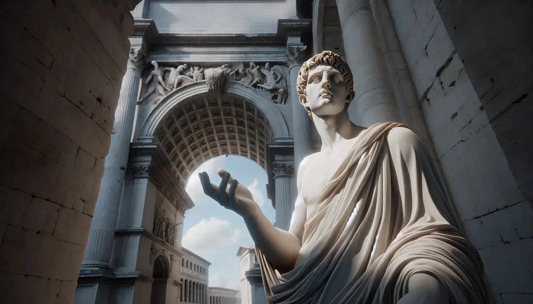 Statua in marmo bianco di figura romana con toga, mano destra alzata, su sfondo di arco trionfale con rilievi e cielo azzurro.