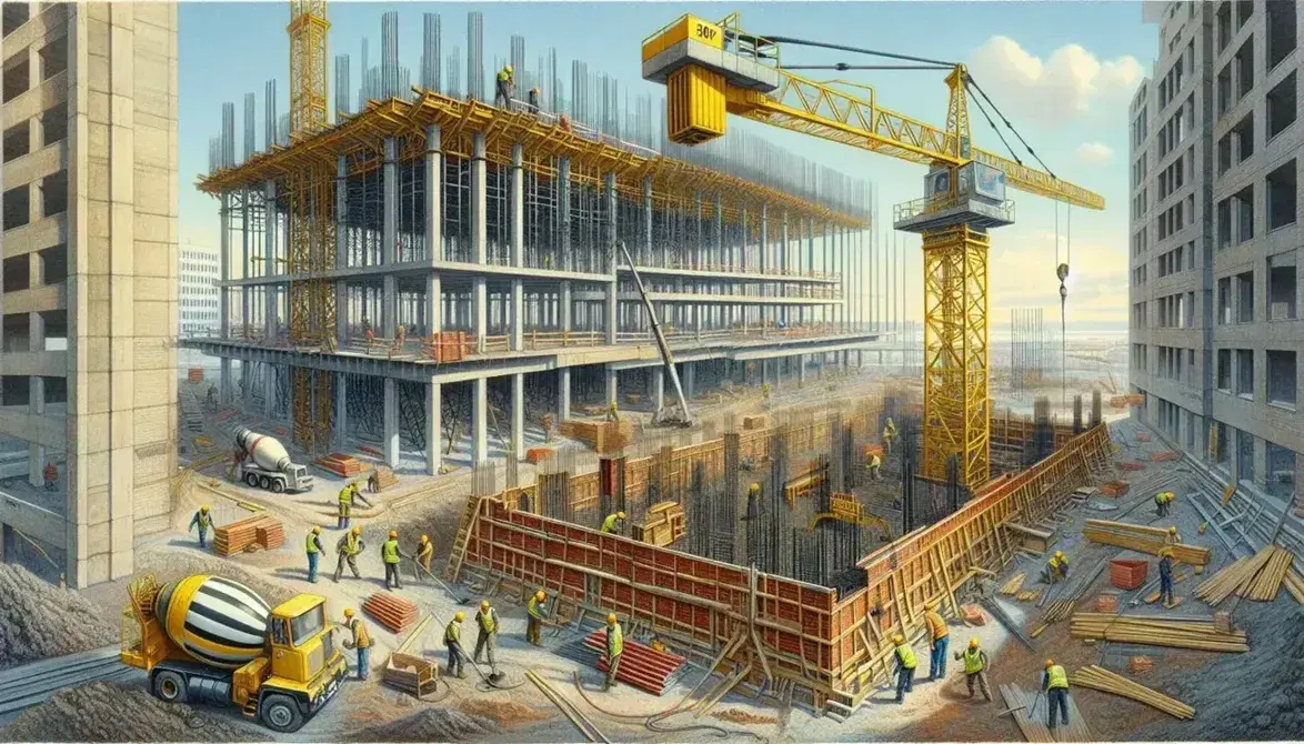 Active construction site with crane, workers in hard hats and vests, cement mixer pouring concrete, and steel girders of a rising building against a blue sky.