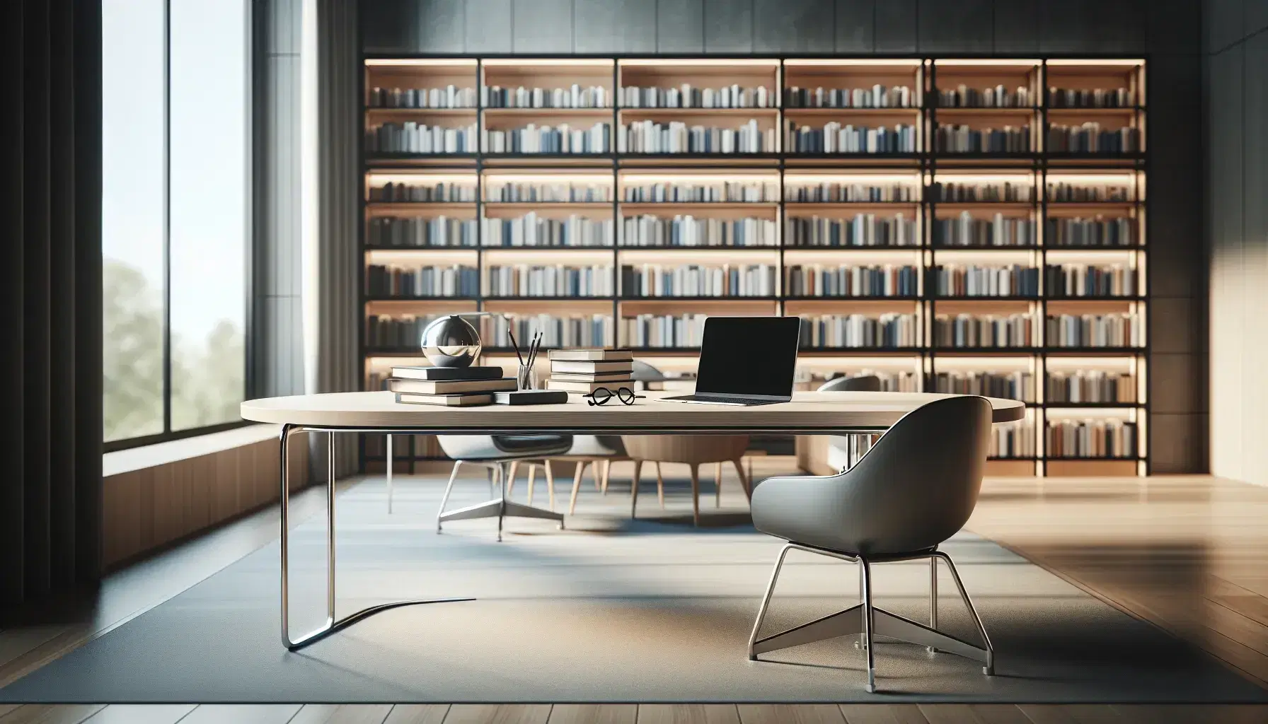 Biblioteca moderna y luminosa con estanterías altas llenas de libros, mesa de madera con portátil abierto, gafas y cuaderno azul, silla ergonómica y ventana grande.