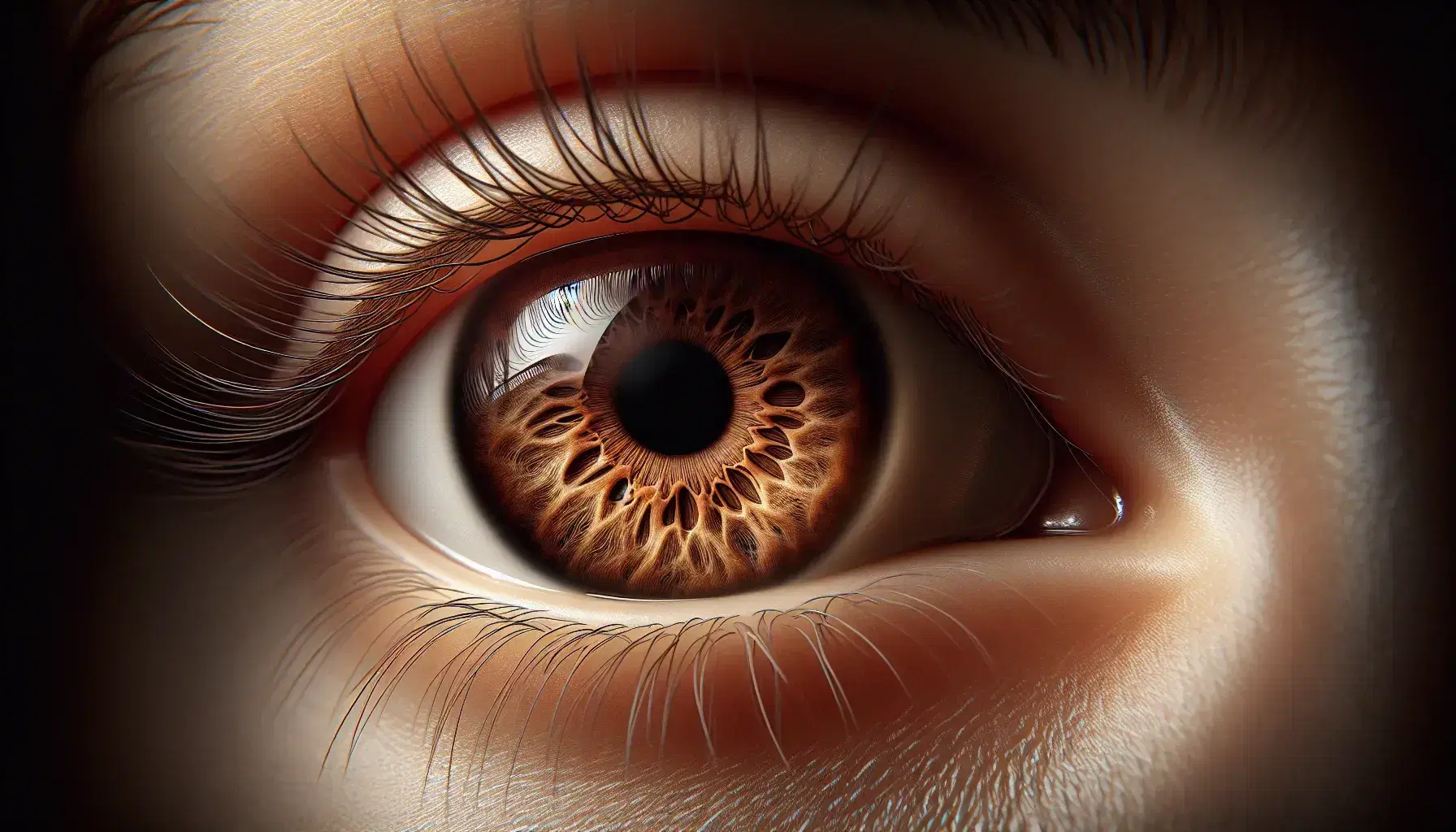 Close-up of a human eye with dark brown iris and shades, black pupil, white sclera, curved eyelashes and natural skin.
