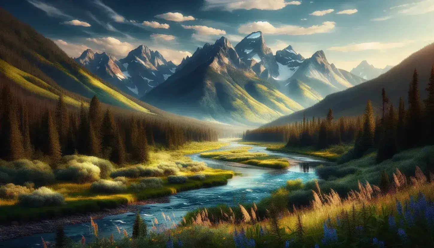 Serene mountain landscape with a reflective river, lush valley, wildflowers, dense evergreen forests, and sunlit peaks against a clear blue sky.