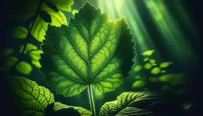 Vibrant green leaf in foreground with sunlight filtering through, vein details and sparkling water drops, green blurred background.