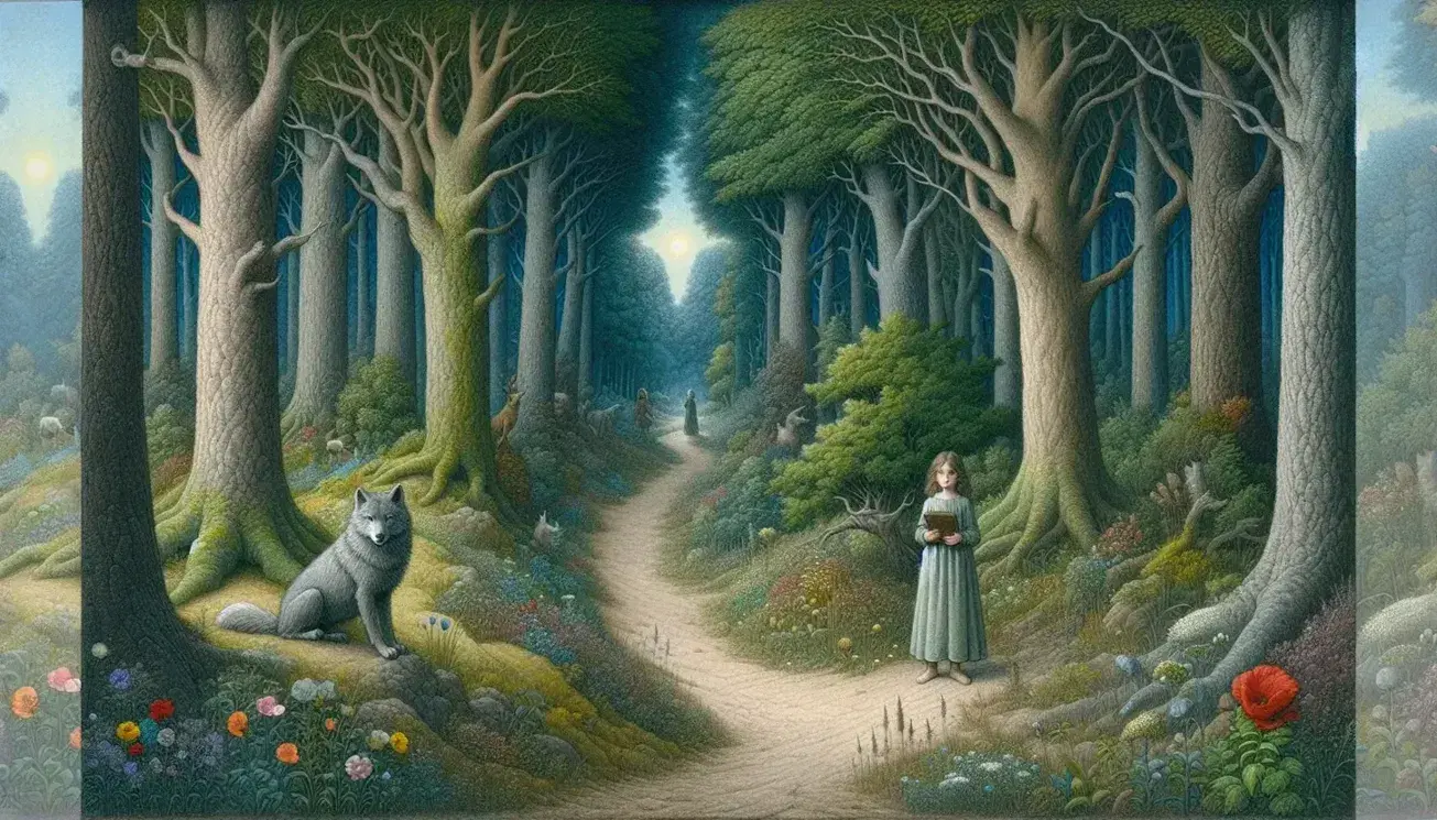 Bambino in abito azzurro legge libro su sentiero di foresta incantata, lupo grigio osserva accanto, alberi lussureggianti e cielo azzurro.