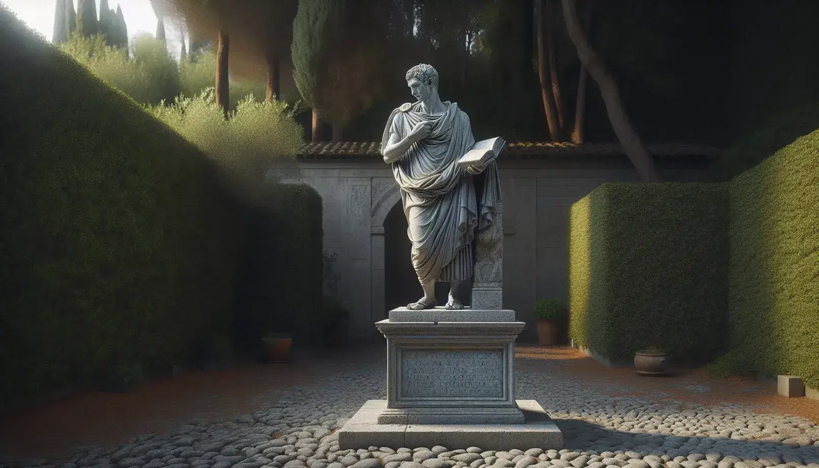 Estatua de piedra gris de hombre en vestimenta romana tardía con libro, en jardín con vegetación frondosa y suelo adoquinado.