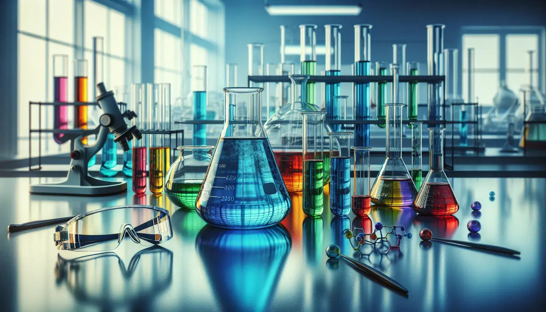 Laboratory with glass beakers containing colored liquids, safety glasses and gloves on the bench, reflected natural light.