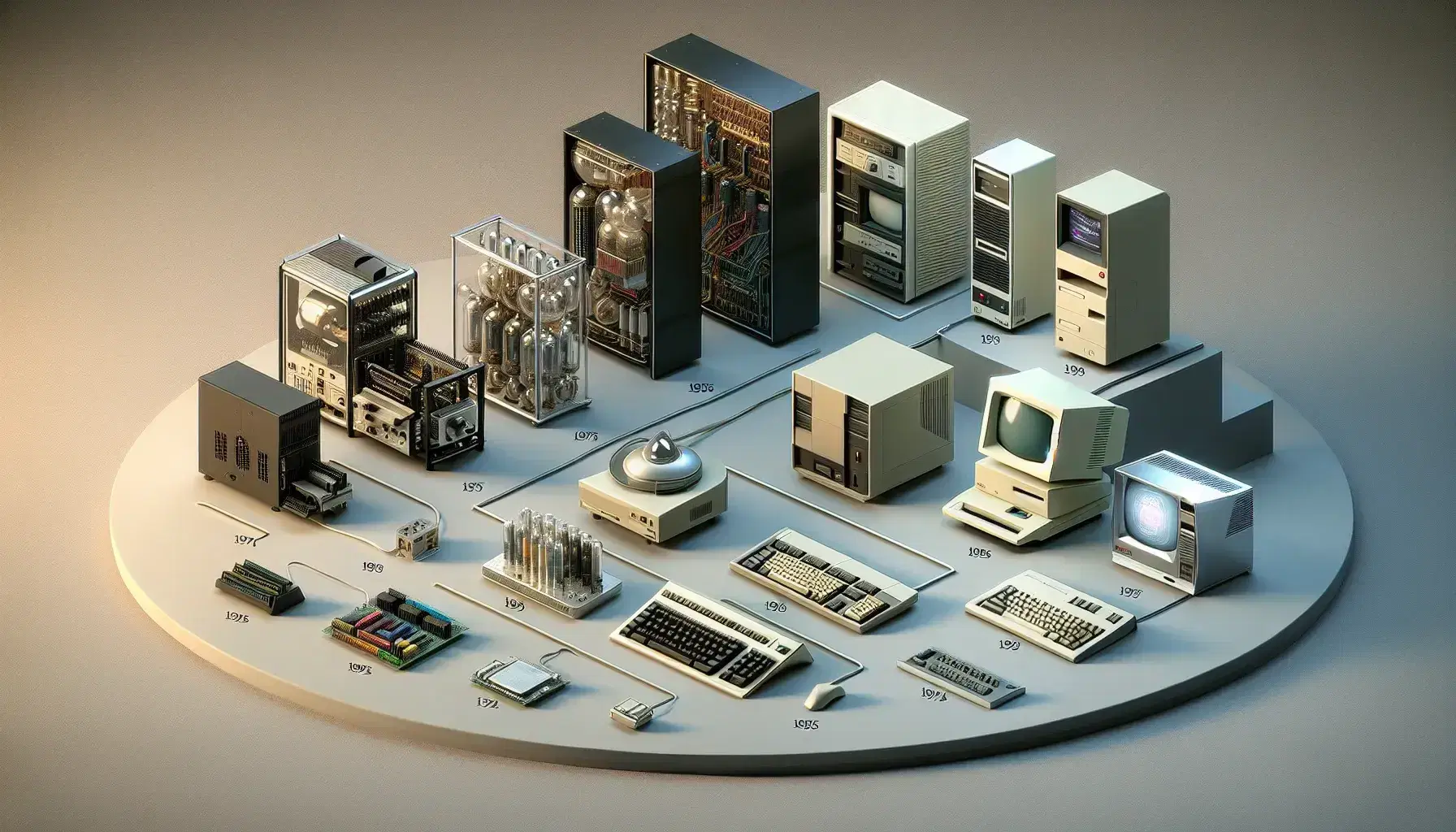 Línea de tiempo visual con modelos de computadoras que representan seis generaciones, desde maquinaria negra con tubos de vacío hasta dispositivo futurista con pantalla transparente.