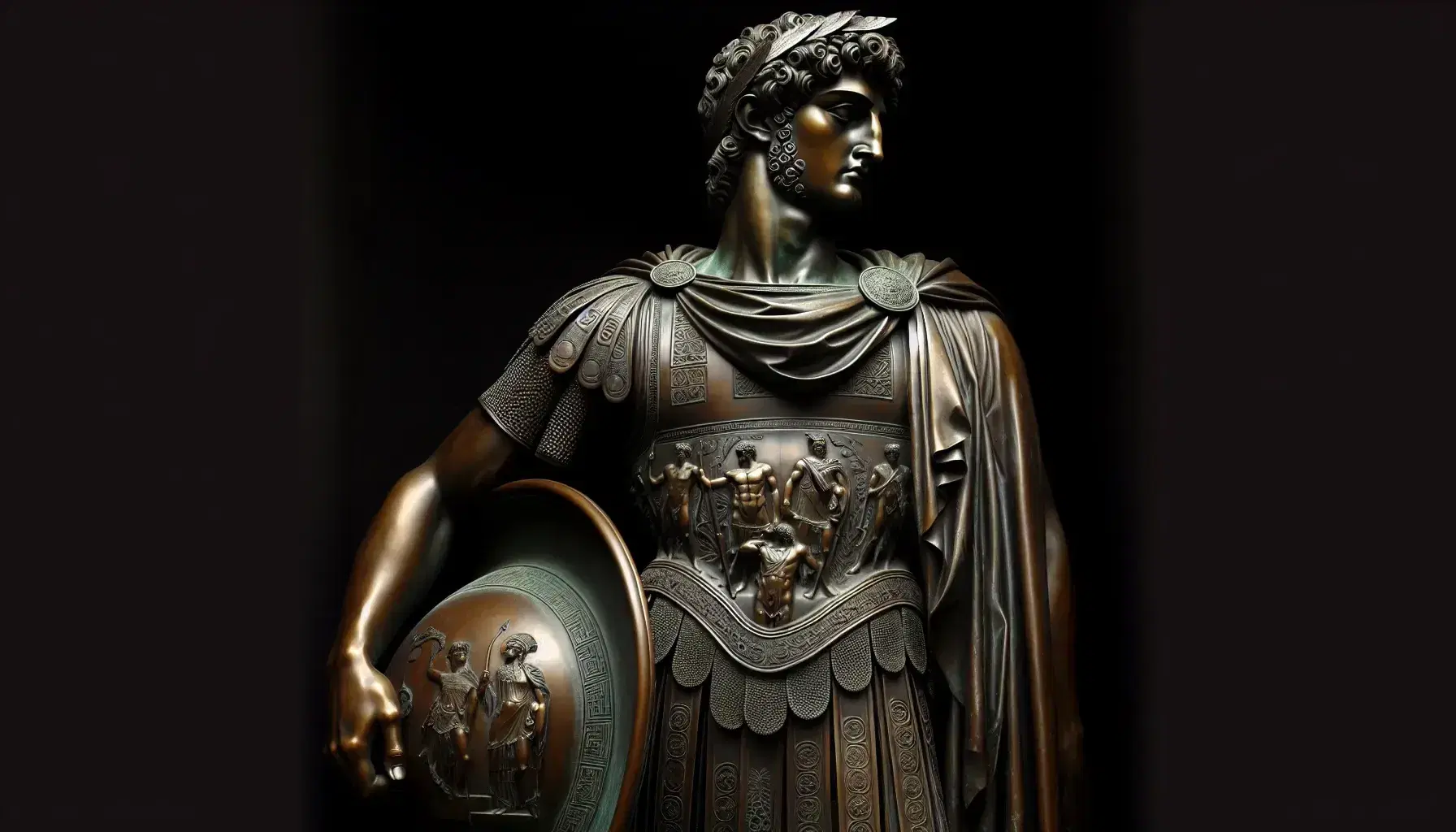 Statua in bronzo di guerriero con armatura, elmo macedone e scudo, in posa autoritaria su piedistallo di pietra.