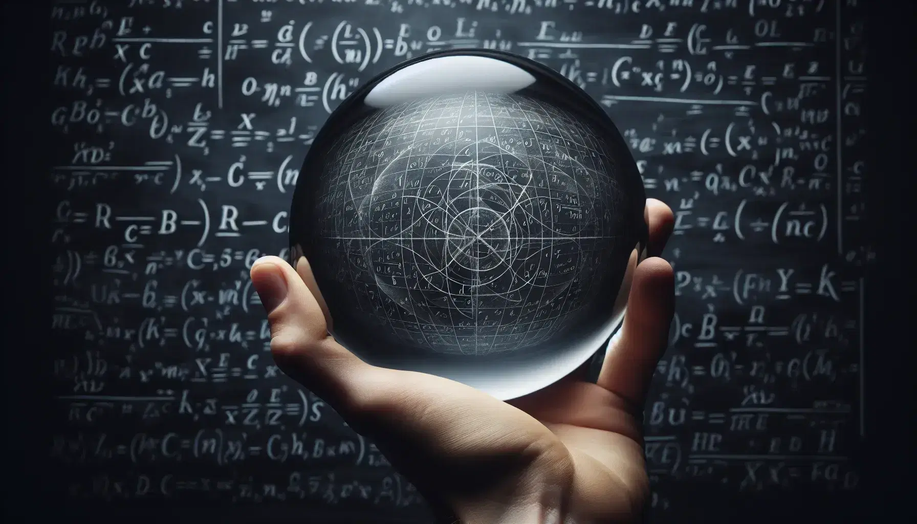 Hand holding a glass lens focusing on a complex mathematical equation on a chalkboard, with blurred background and sharp detail within the lens.