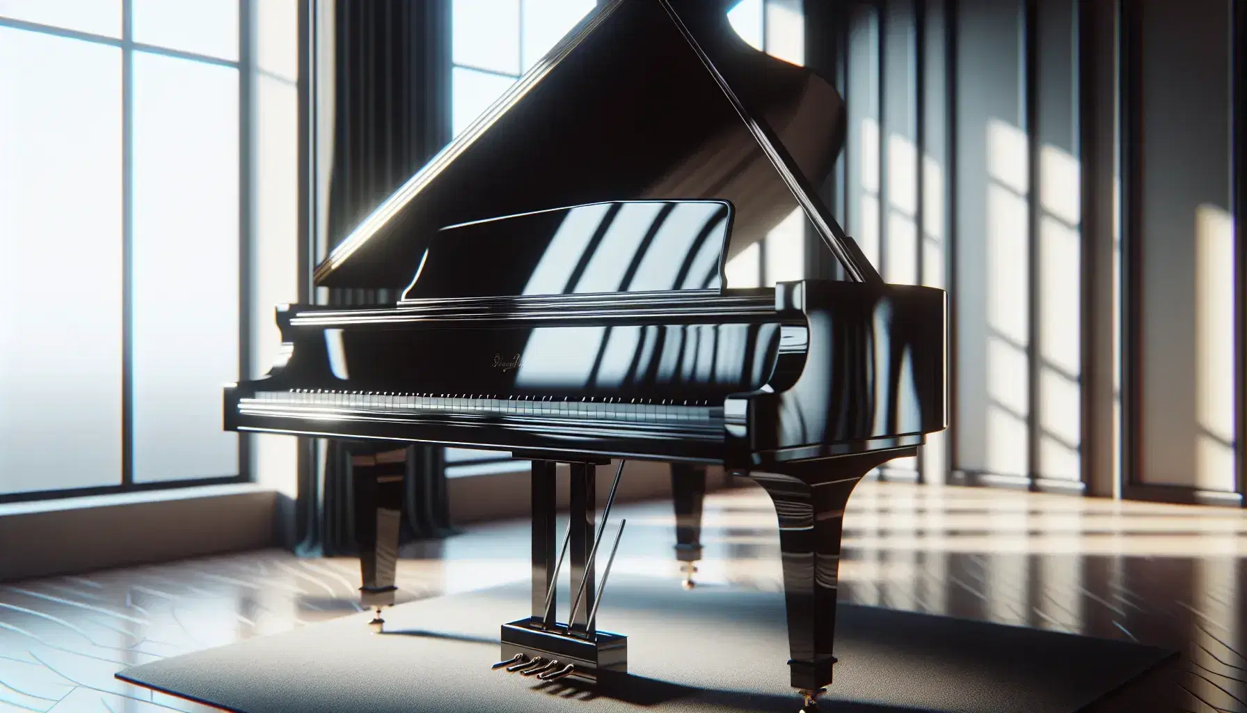 Pianoforte a coda nero lucido al centro di una stanza illuminata da luce naturale con tasti bianchi e neri in evidenza.