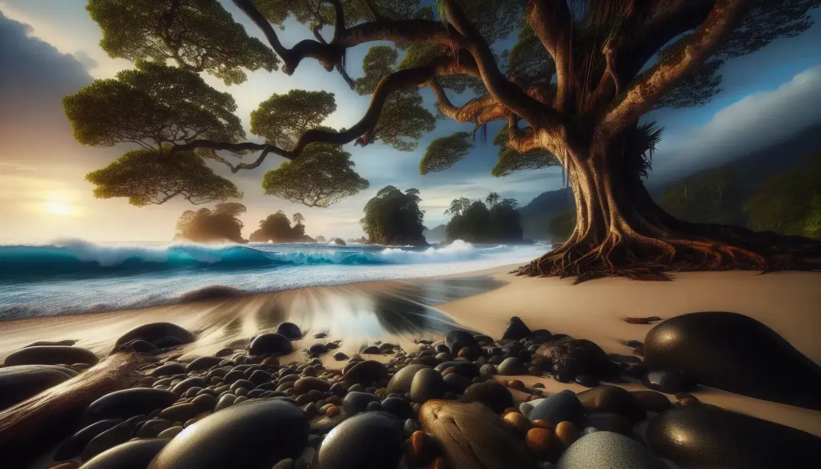 Dramatic coastal scene with a sandy beach, frothy waves, a lush green gnarled tree, jagged rocks, and a distant wooden ship with tattered sails.