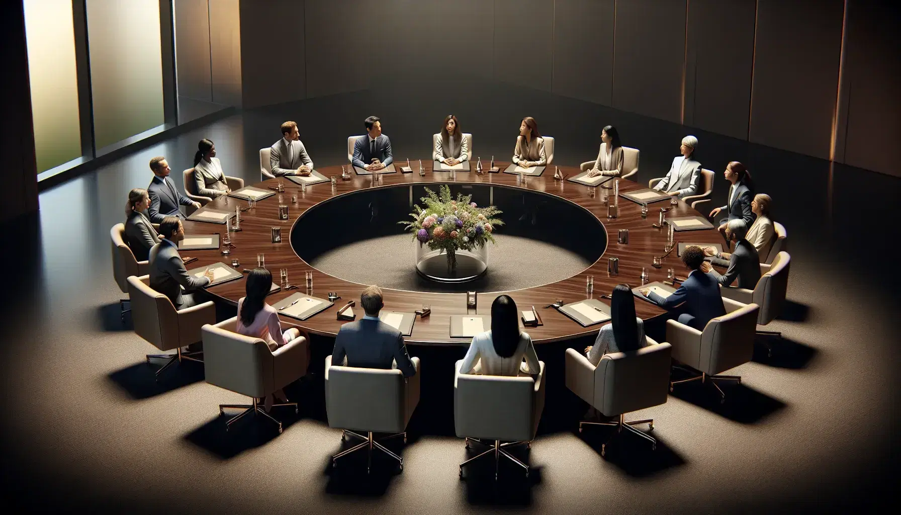 Diverse group of professionals engaged in a meeting around a circular mahogany table with a vase of flowers, in a softly lit, modern conference room.