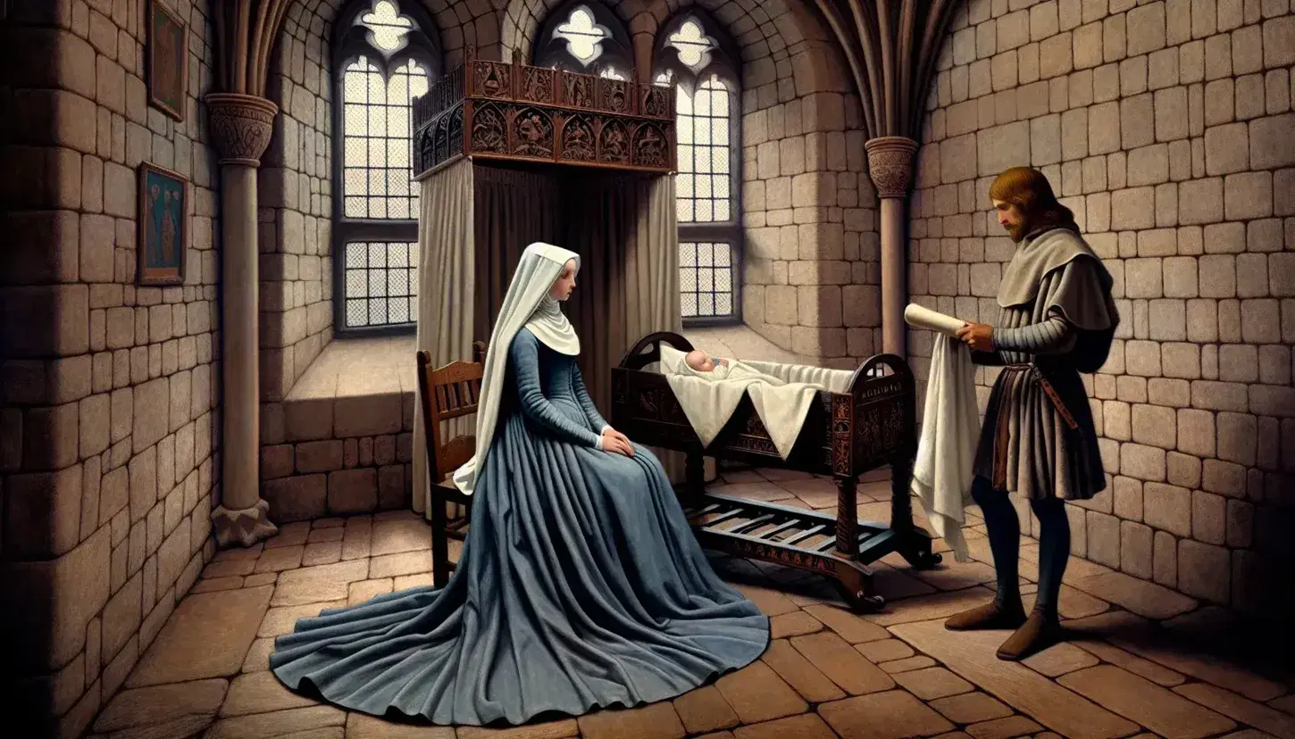 Medieval chamber with a Middle-Eastern woman in blue gown by a cradle and a Caucasian man holding a sealed scroll, near an arched window and simple tapestry.