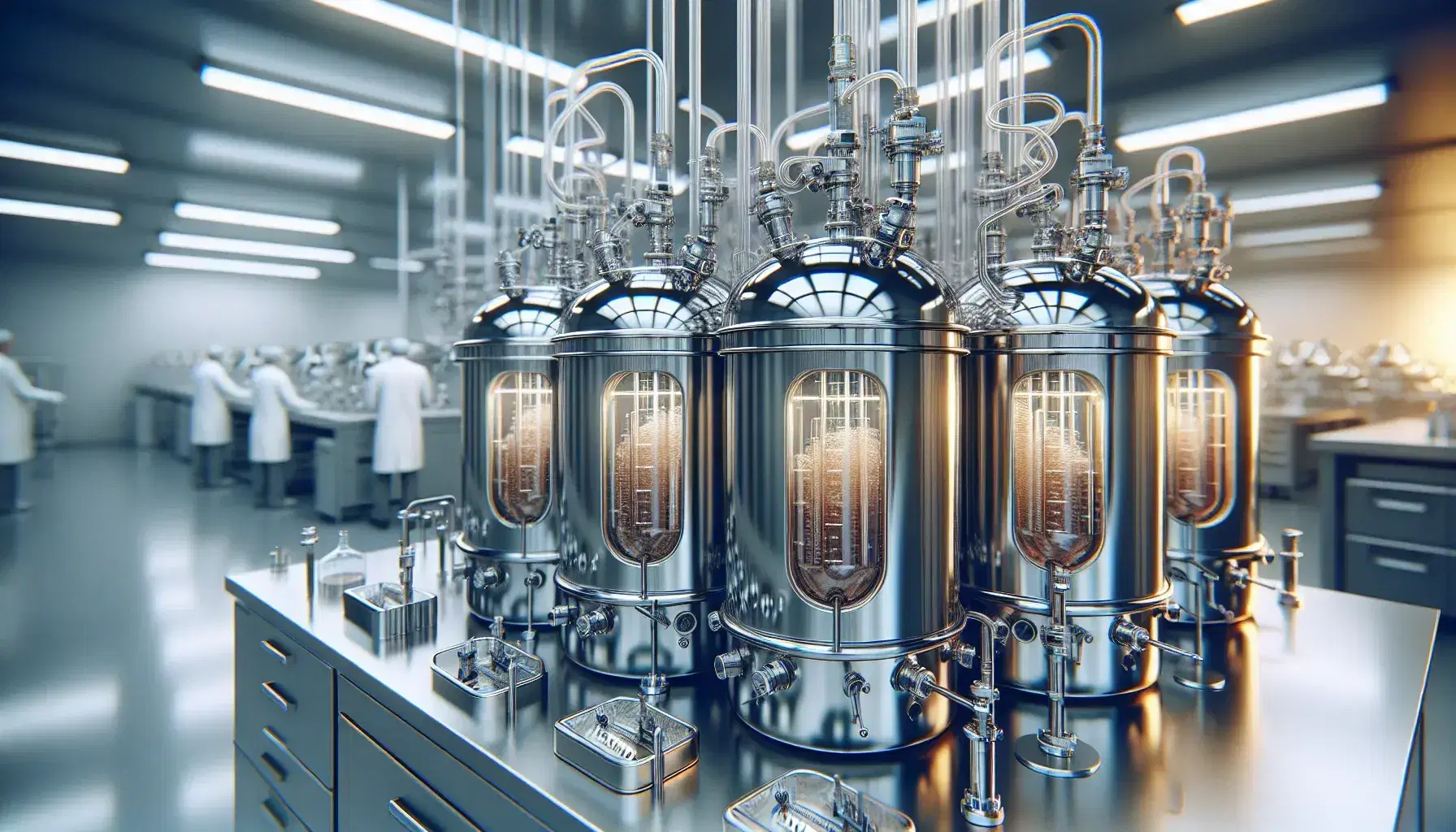 Bioreattori in acciaio inox allineati in laboratorio biotech con tubi trasparenti e liquido ambrato in fermentazione, riflessi lucidi e figure in camice.