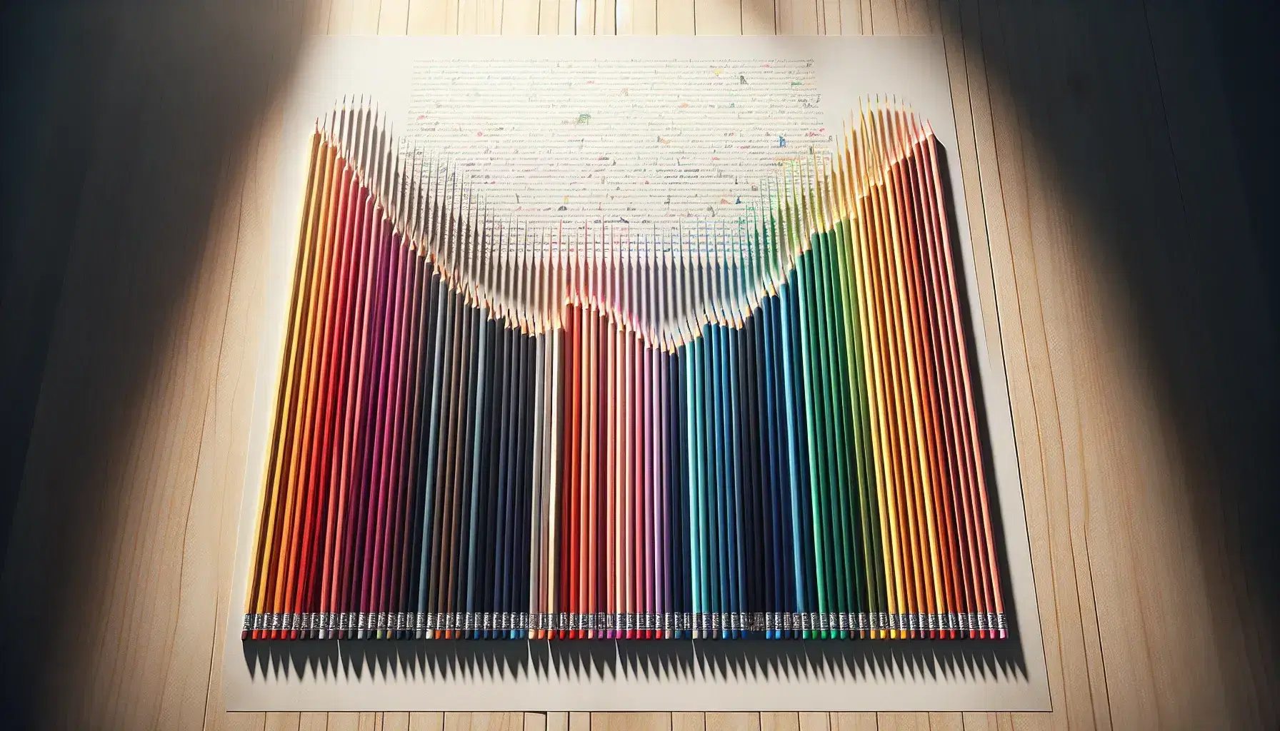 Matite colorate allineate su tavolo di legno chiaro con foglio bianco accanto e ombre leggere, simbolo di creatività.