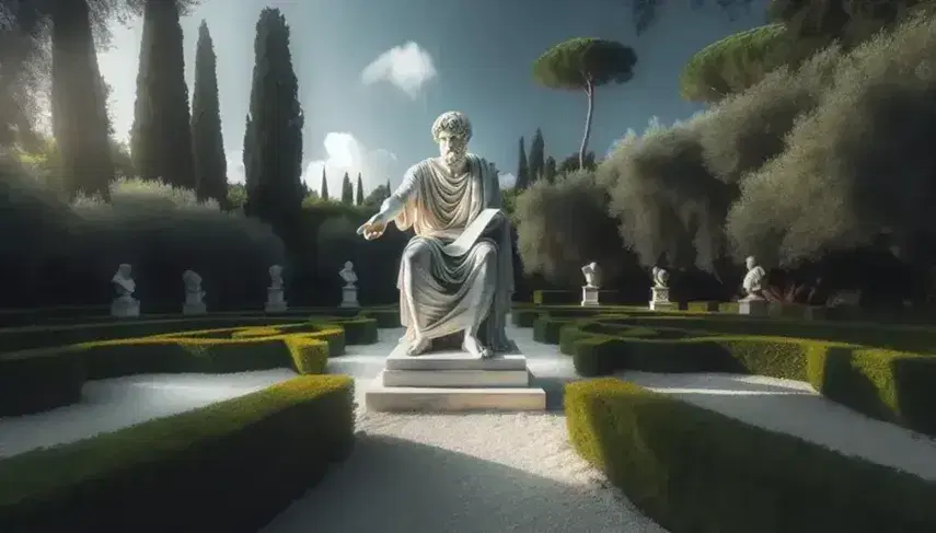 Estatua de mármol blanco de filósofo griego antiguo con túnica y papiro en jardín académico, rodeada de arbustos y camino de grava bajo cielo azul.