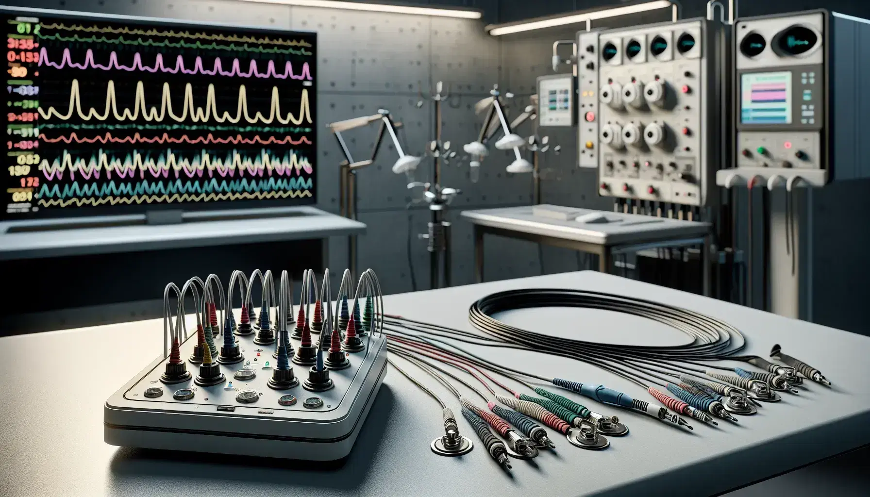 Sala de monitoreo médico con ECG portátil y EEG en primer plano, pantalla de observación y posible sensor EOG o ERG, iluminación suave y colores neutros.