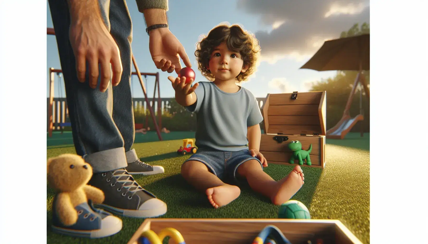 Hispanic child with brown curly hair, light blue t-shirt and denim shorts, sitting on the grass, receives a red ball from an adult. Toy chest and blurred playground in the background.