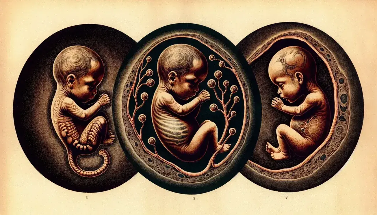Secuencia de tres etapas del desarrollo fetal dentro del útero, mostrando progresión desde el primer trimestre hasta el tercero con fetos más formados y proporcionados.