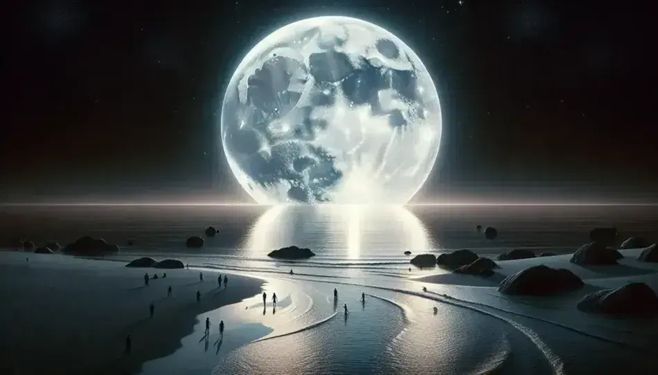 Luna piena luminosa sopra una spiaggia notturna con persone che ammirano il riflesso argentato sul mare calmo, senza nuvole.
