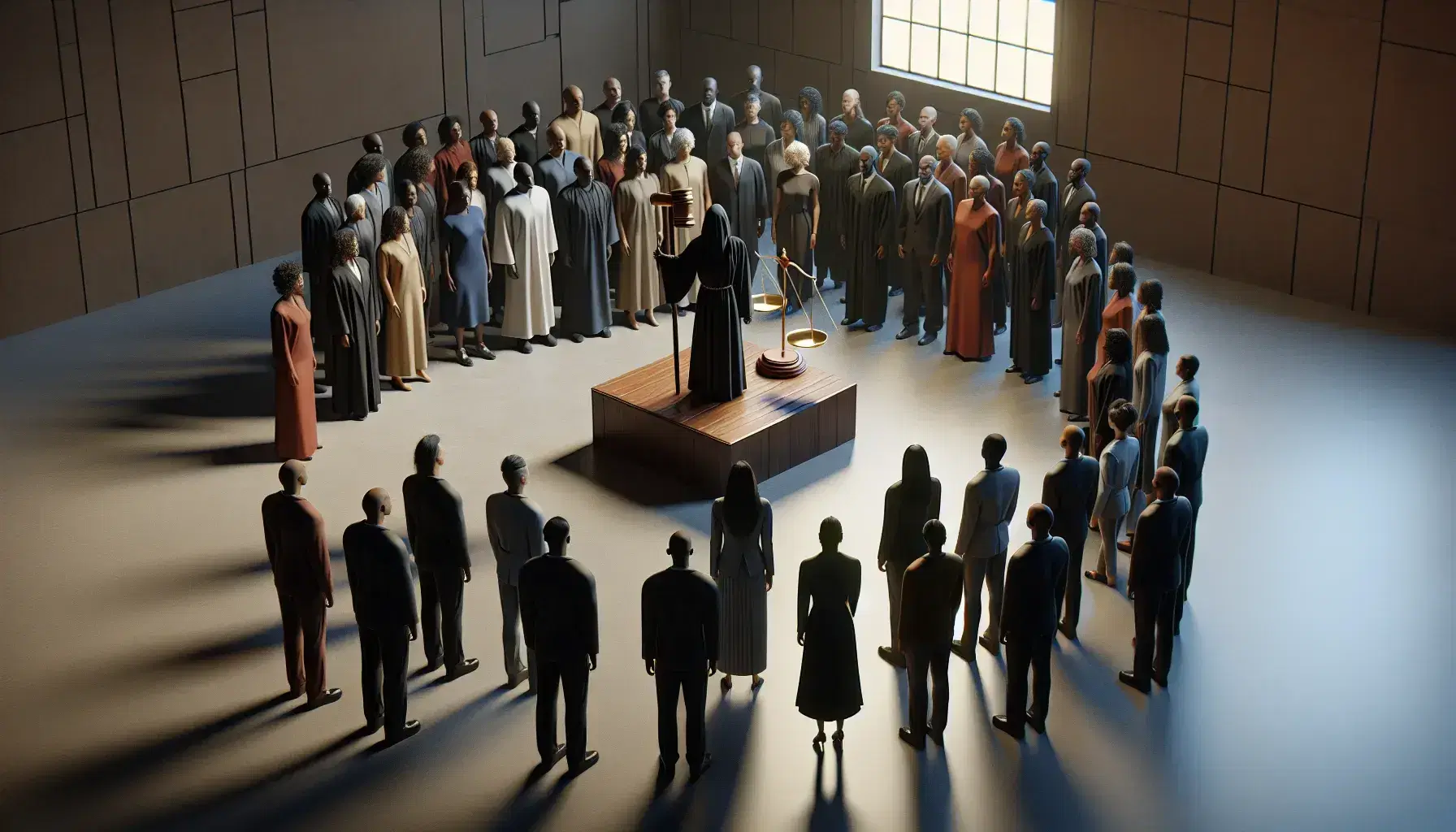 Grupo diverso de personas en semicírculo alrededor de una figura central con toga y martillo, junto a una balanza equilibrada, en una sala iluminada.