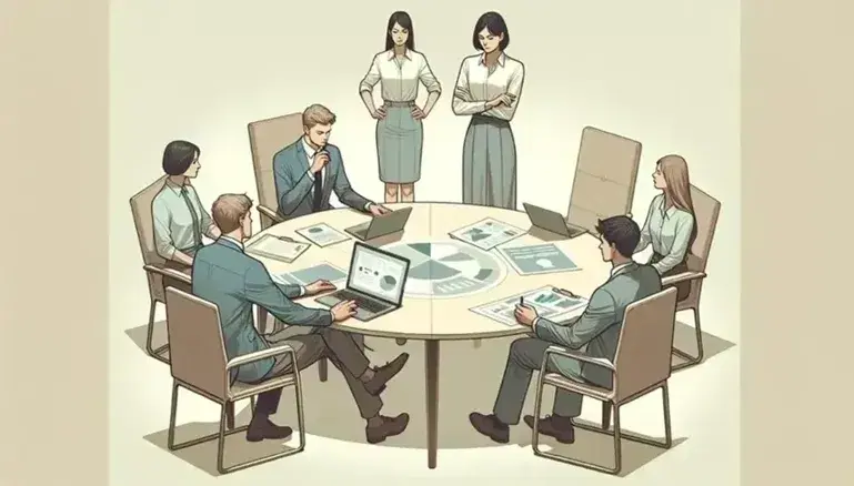 Grupo de cinco profesionales trabajando en una oficina iluminada por luz natural, con tres sentados alrededor de una mesa redonda y dos de pie discutiendo documentos.