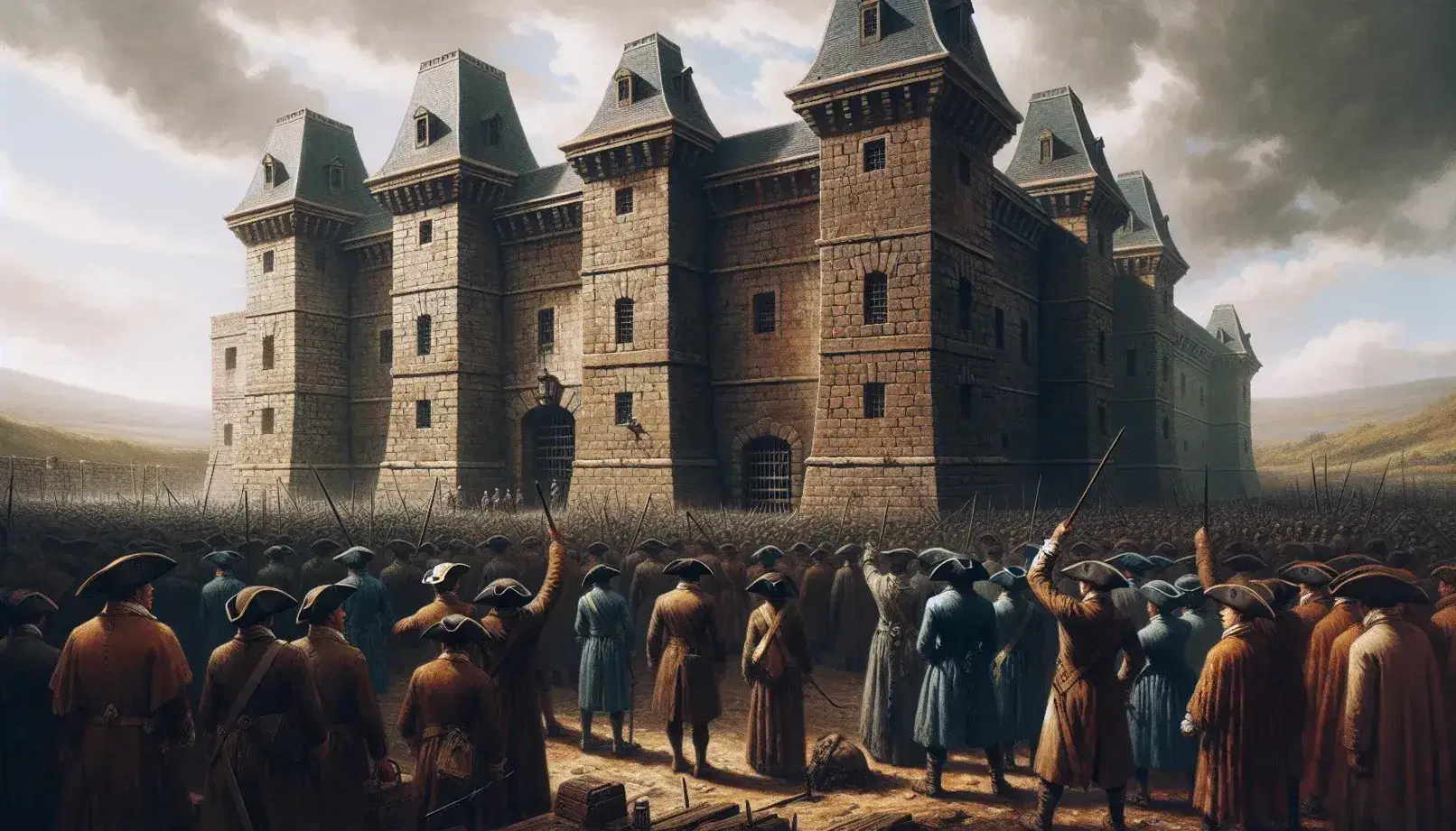 Escena histórica al aire libre con multitud en atuendos de época frente a una gran fortaleza de piedra, bajo un cielo parcialmente nublado.