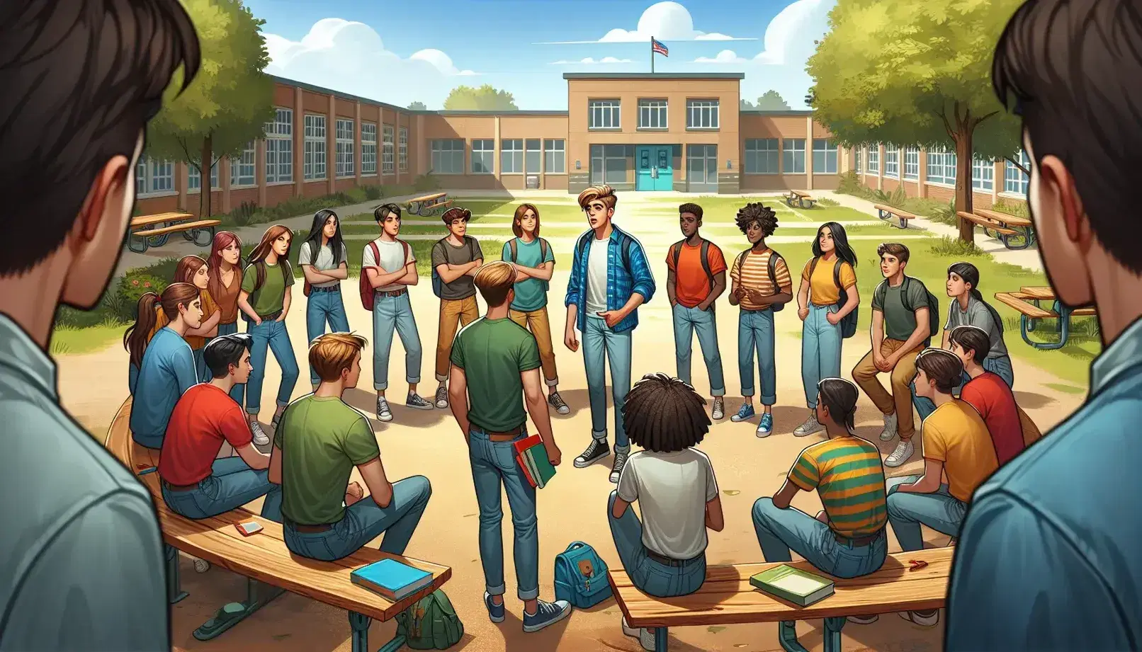 Grupo diverso de estudiantes en patio escolar escuchando atentamente a compañero que gesticula al hablar, en día soleado.