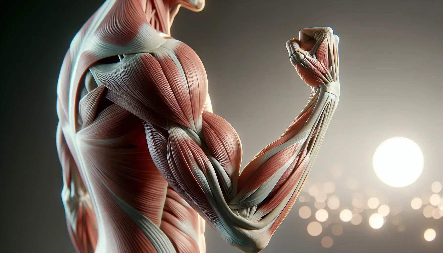 Braccio destro umano con muscoli visibili in stato di leggera flessione, evidenziando bicipiti e tricipiti con attacchi ossei.
