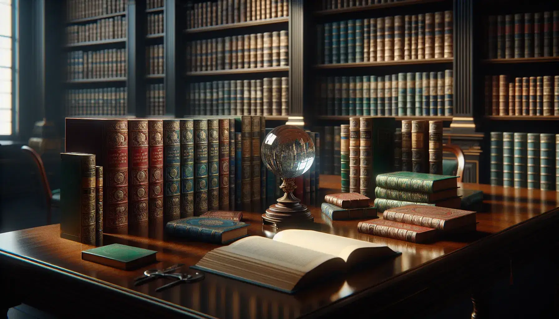 Biblioteca classica con tavolo in legno scuro, libri impilati colorati, sfera di cristallo e fiori freschi, figura umana legge in penombra.