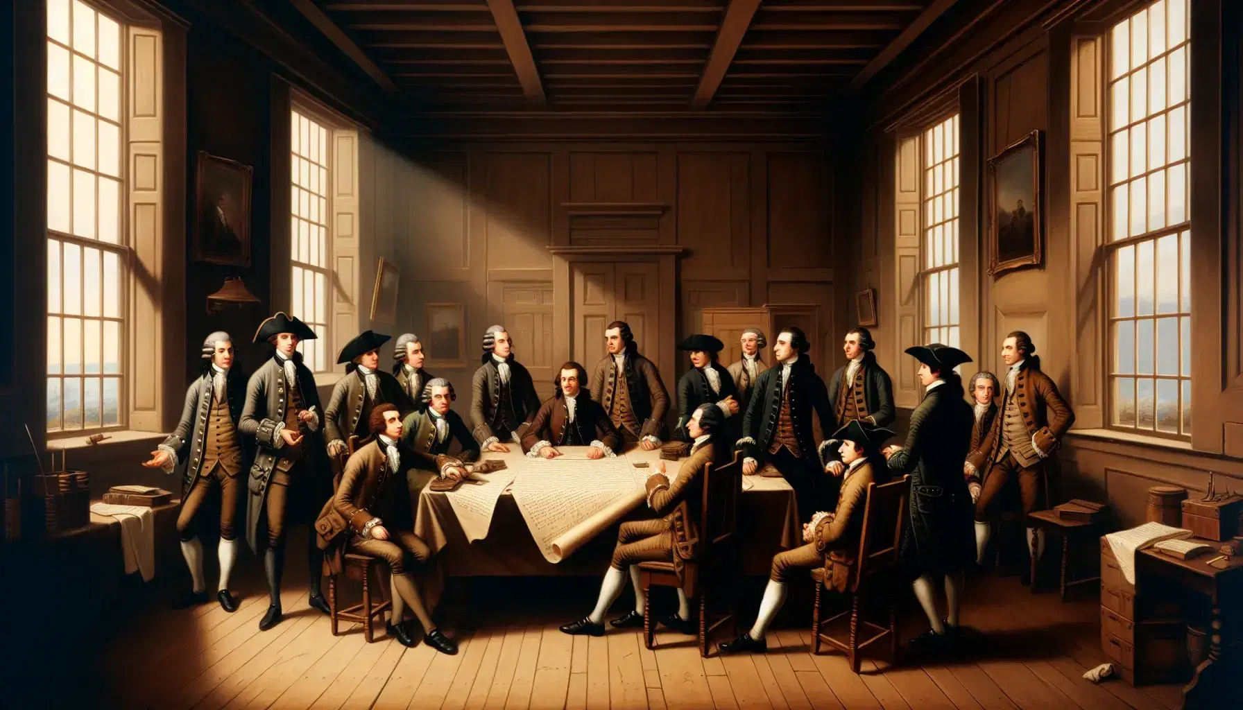 Late 18th-century group engaged in discussion around a table with parchments, dressed in period attire, in a plainly adorned room with natural light.
