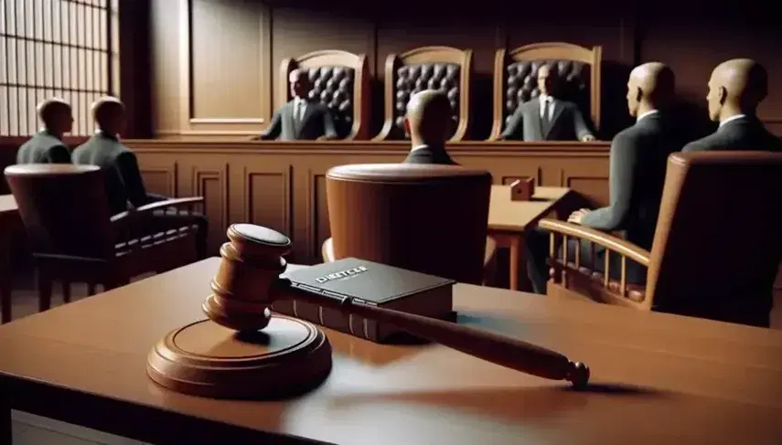 Courtroom with judge's bench and gavel, witness chair, defense table with lawyer and director, and empty jury.