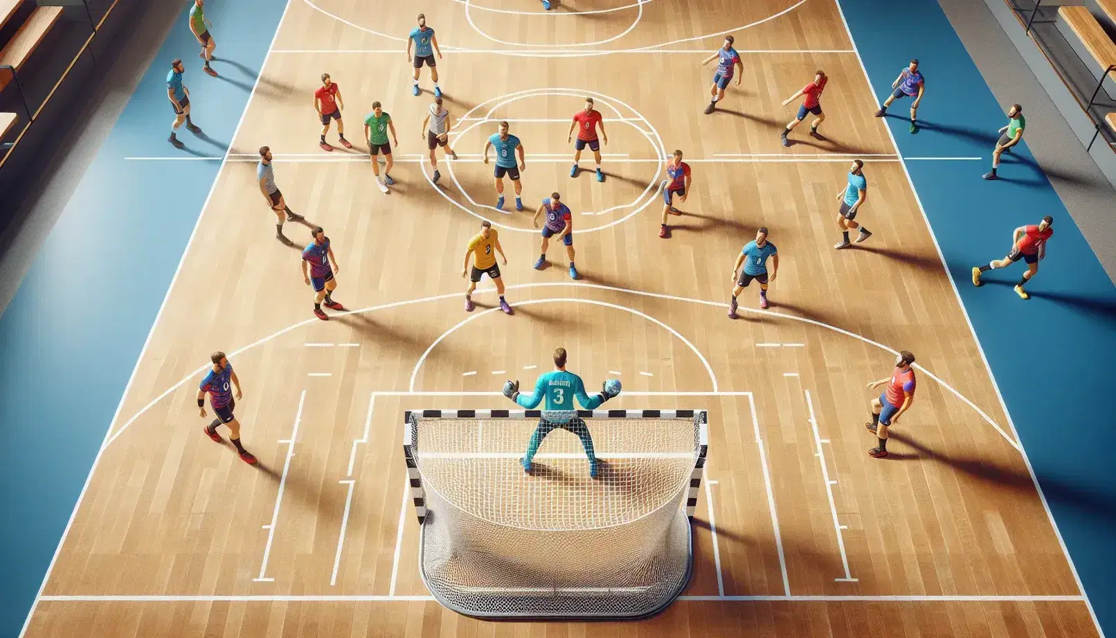Cancha de balonmano con jugadores en acción, equipos en azul y rojo compiten mientras el portero defiende la portería.