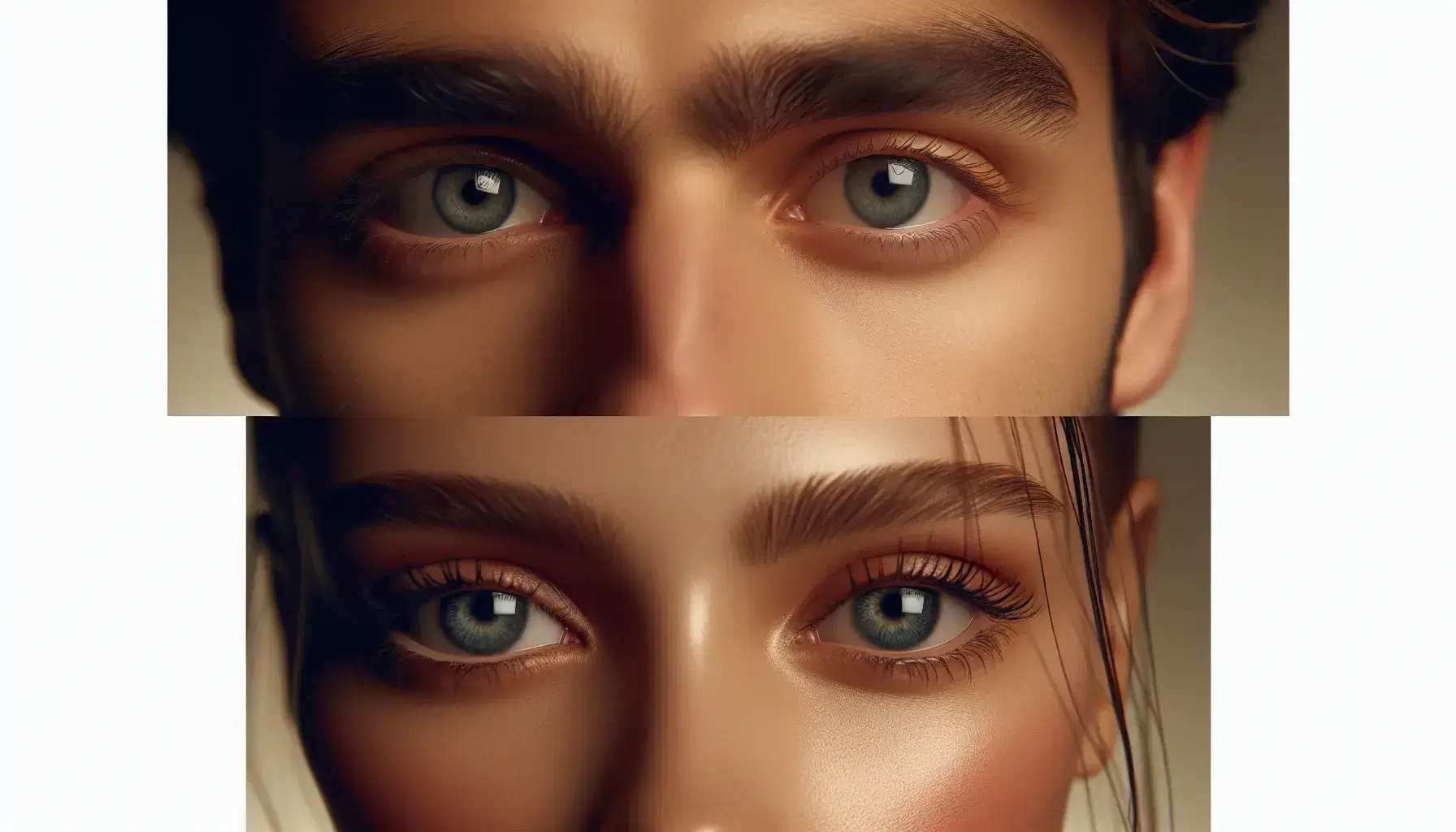Close-up of two people looking into each other's eyes, one with light brown eyes and the other with deep blue eyes, on blurred background.