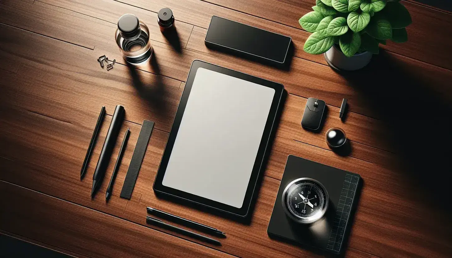 Dark wooden desk with turned on tablet, glass with liquid, steel compass, green plant in terracotta pot and black headphones.
